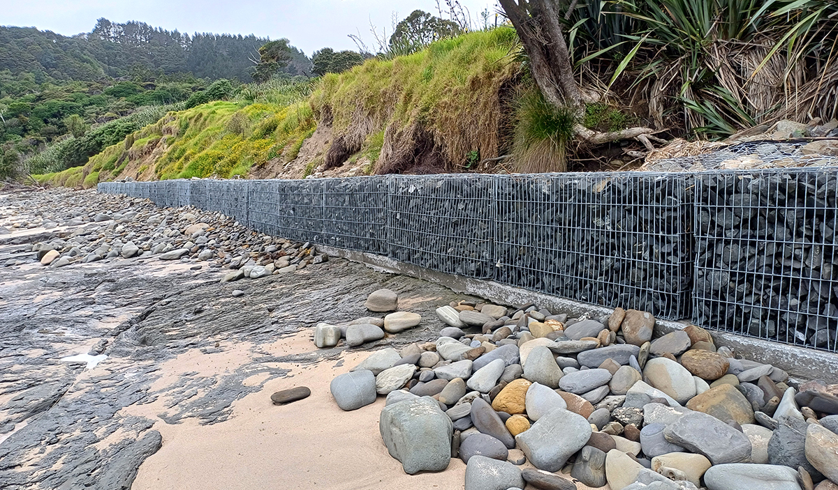 Gabion baskets along foreshore.