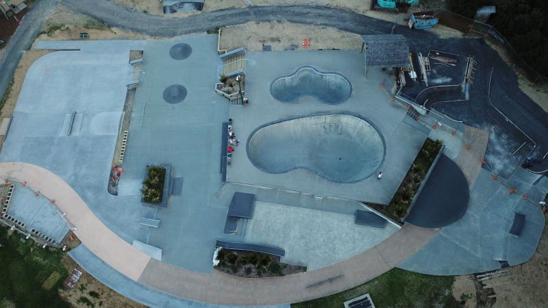 An early evening drone shot of the new skating area at the Mangawhai Activity Zone. The light concrete is the newest addition, with the dark upper right area still to be completed. (Photo credit: Mangawhai Activity Zone).